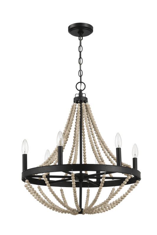 Starry Wood Chandelier Farmhouse Six Candle Light Wood Beaded Black Pendant Light for Dining Room